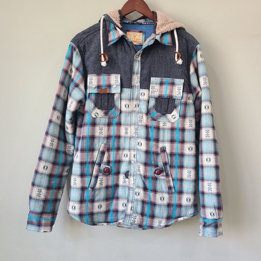 Unbranded Fleece Lined Flannel Jacket Medium Aztec Western Pearl Snap Button